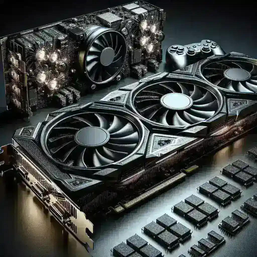 "Close-up of Radeon RX 8800 XT graphics card showcasing leaked specifications indicating 16 GB VRAM, highlighting advanced cooling design and powerful GPU architecture."