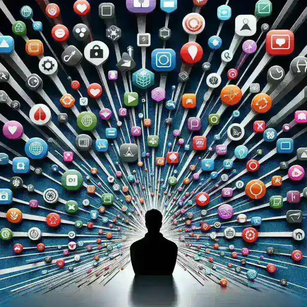 "Colorful infographic illustrating app ecosystem fragmentation, showcasing diverse user choices across multiple platforms, including mobile, tablet, and desktop applications."